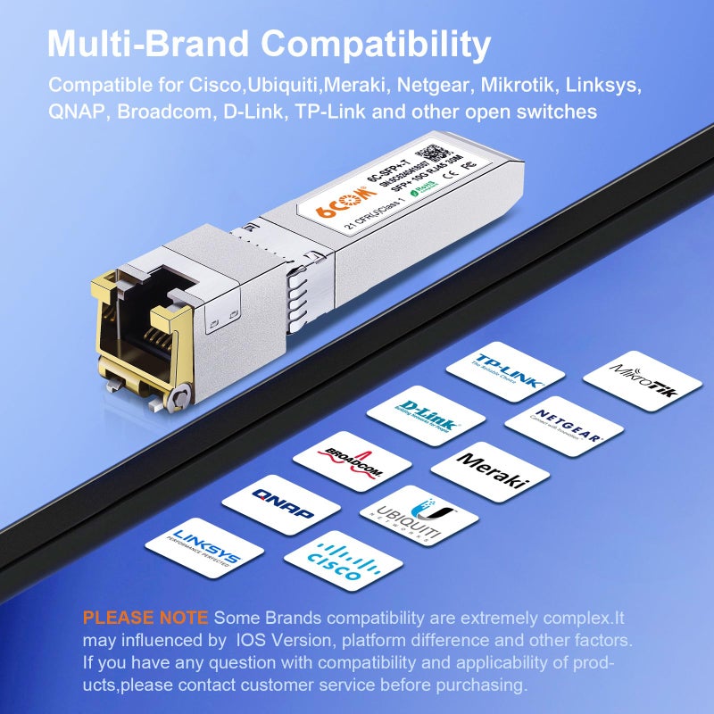 6COM 2Pack 1.25G/2.5G/5G/10GBase-T SFP+ Transceiver, 10G SFP+ to RJ45 Copper Module for Cisco SFP-10G-T-S, Ubiquiti UF-RJ45-10G, Netgear, D-Link, Supermicro, TP-Link, up to 30m - Image 4